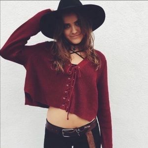 LF Maroon Lace Up Crop Sweater